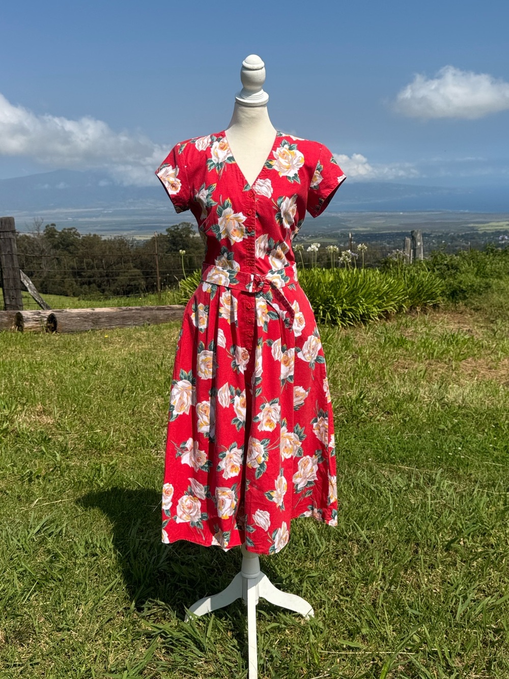 Vintage 80s Red White Rose short sleeve button down by Sunshine Starshine Dress